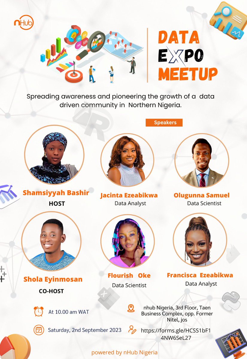 nHubNG's tweet photo. 🎉 Just 8 days left until the most anticipated event of the season – the Data Expo Meetup! 🚀📊

📅 Date: Saturday, 2nd September 2023
⏰ Time: At 10.00 am WAT
📍 Venue: nhub Nigeria, 3rd Floor, Taen Business Complex, opp. Former Nitel, jos https://t.co/MBG0eba1B3