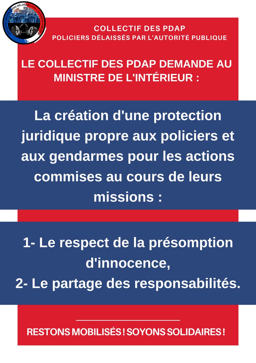 collectifPDAP's tweet image. Le placement en détention de nos collègues n'est pas acceptable !
Nous agissons pour l'Etat, à travers l'autorité que celui-ci nous confère !
Un partage de responsabilité s'impose dès lors que nous appliquons des lois et/ou des instructions hiérarchiques ! @GDarmanin