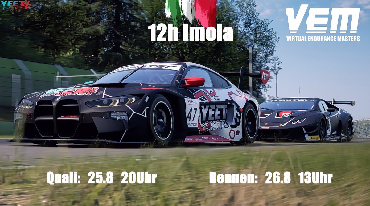 YEET__eSports's tweet photo. Am Wochenende is wieder Rennaction angesagt und das auch noch in doppelter Form.
Rennen 1:
12h Imola der  @VirtEnduMasters stehen auf dem Plan

Livestreams unserer #47:
https://t.co/W0n0o6LakX
und
https://t.co/c8F2mjKnK0

#YEET #simracing #beACC

⬇️⬇️⬇️⬇️⬇️⬇️ https://t.co/Y0hpHLG5lj