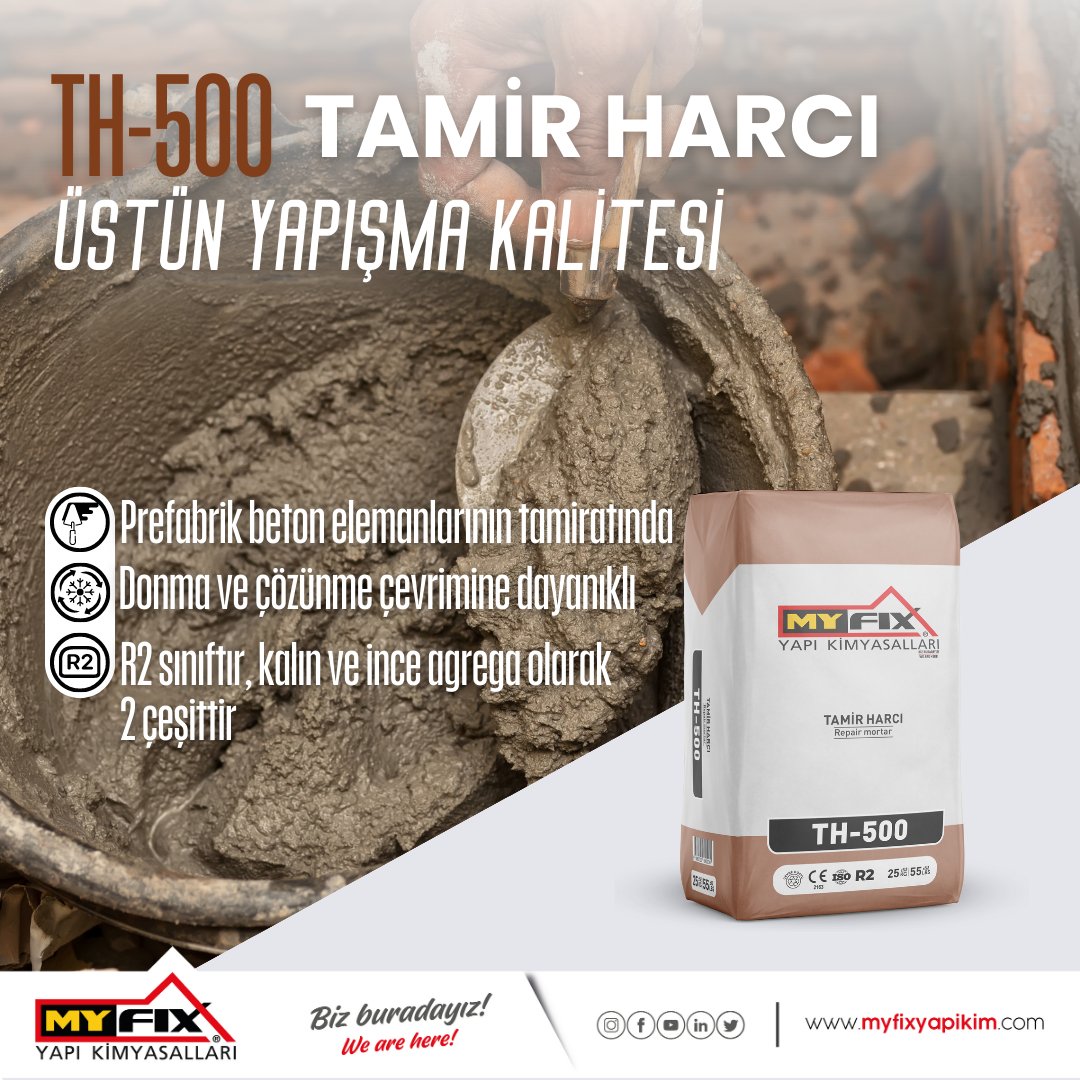 TH-500 / TAMİR HARCI-İNCE Çimento esaslı, elyaf takviyeli, her türlü brüt beton ve prefabrik beton elemanlarının onarımında ve sıvanmasında kullanılan tamir harcıdır. #yapıkimyasalları #tamirharcı #teknikharçlar #myfix #myfixburada #wearehere #bizburadayız #constructionchemicals