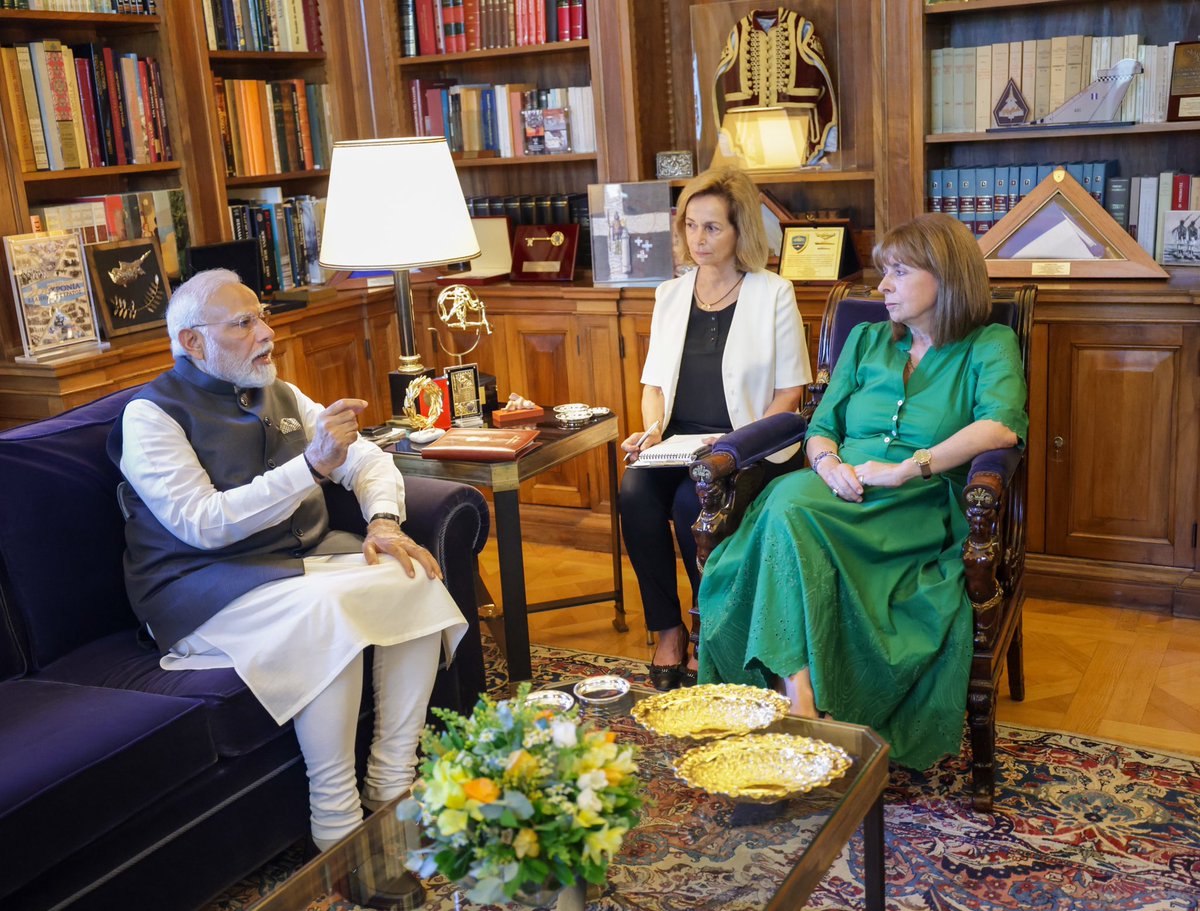 Glad to have met President Katerina Sakellaropoulou in Athens. We discussed several issues which will strengthen the India-Greece friendship. We also discussed ways to boost sustainable development. She congratulated India on the success of Chandrayaan-3. @PresidencyGR