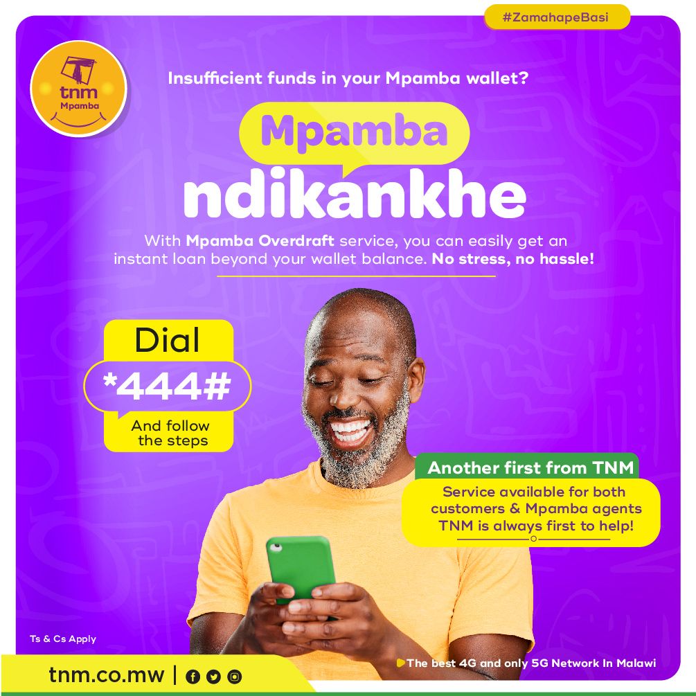 alwayswithyoumw's tweet photo. No stress! No hassle! Introducing Mpamba Ndikankhe Overdraft facility! Get an instant loan beyond your Mpamba wallet balance and make use of the money however you want. Dial *444# and follow instructions to register.

#TNMMpamba
#Mpambandikankhe
#Trusted
#Secure
#Zamahapebasi https://t.co/Eg1jNCV7Vn