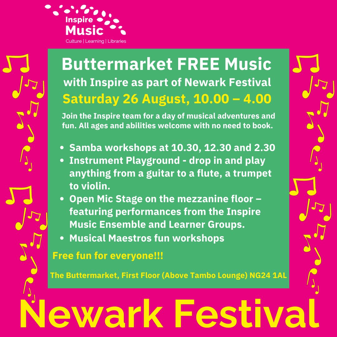 Inspire Music (@inspiremusnotts) on Twitter photo In Newark tomorrow?
Join Inspire Music for FREE music making activity at the Buttermarket <a href="/NewarkFestival/">Newark Festival</a> from 10am-4pm ๐๐ป In Newark tomorrow?
Join Inspire Music for FREE music making activity at the Buttermarket <a href="/NewarkFestival/">Newark Festival</a> from 10am-4pm ๐๐ป