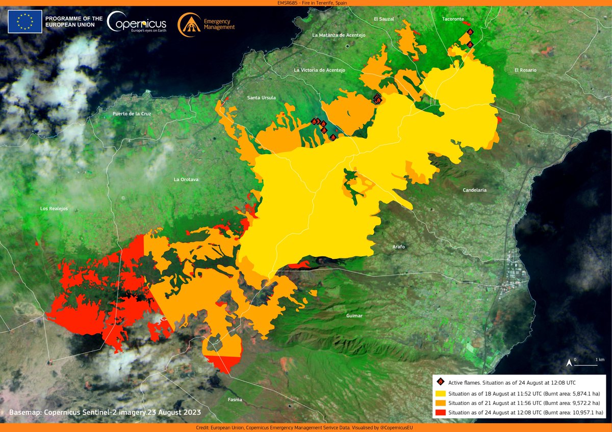 CopernicusEU's tweet photo. #ImageOfTheDay

#IFArafoCandelaria, the worst fire in #Canarias 🇪🇸 in the last 4⃣0⃣ years

➡️10,957 hectares burned
➡️The Tenerife local authorities have initiated the process of declaring a disaster area

⬇️#dataviz of the fire evolution from @CopernicusEMS #EMSR685 data https://t.co/9USRljmOJS