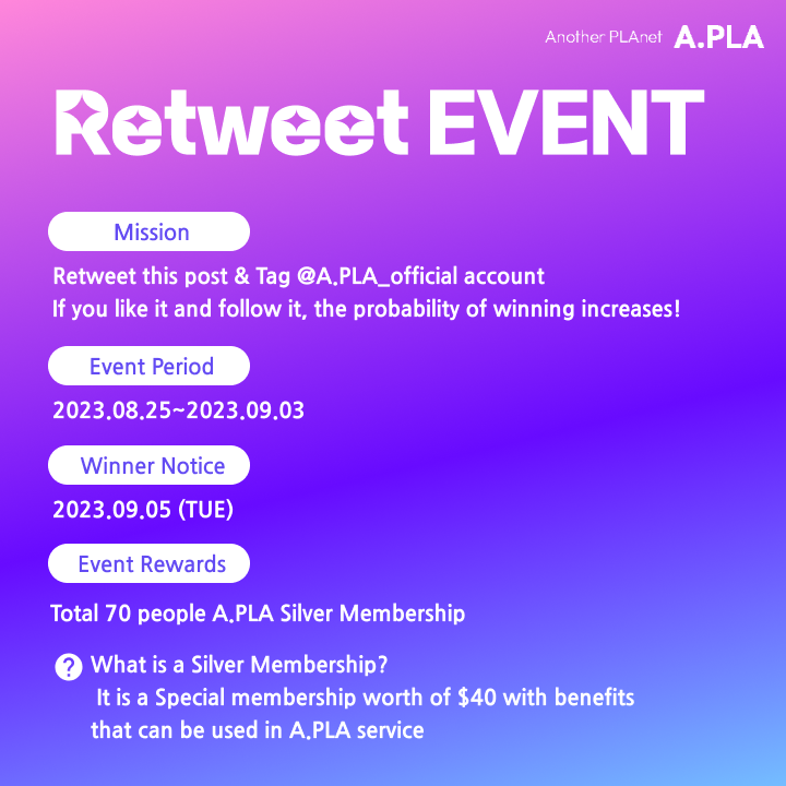 APLA_Official's tweet photo. A.PLA Retweet Event Posted! (~9/3)
Time to meet a new me A.PLA!
Retweet this post and grab a silver membership opportunity worth $40!

▶Period : 23.08.25 - 23.09.03
▶Mission: Retweet this post &amp; Tag @A.PLA_official account https://t.co/NrPSblVUtE