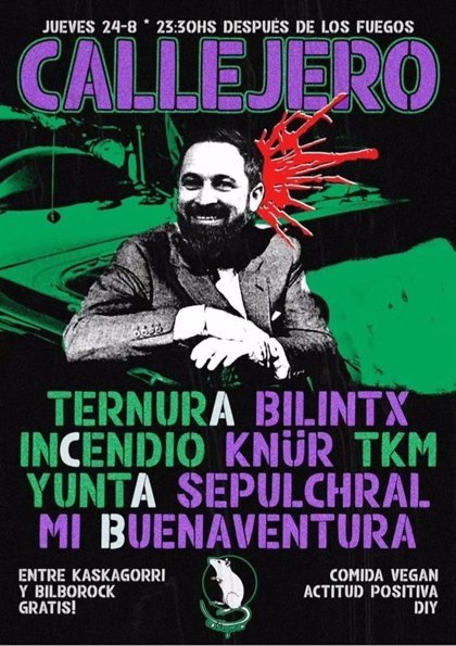josejolivas's tweet photo. Concierto gratis en Bilbao, en el cartel sale Santiago Abascal con un tiro en la nuca... Pero eso sí, "actitud positiva" y "comida vegana".
#bloqueprogresista https://t.co/0WndFoDy0A