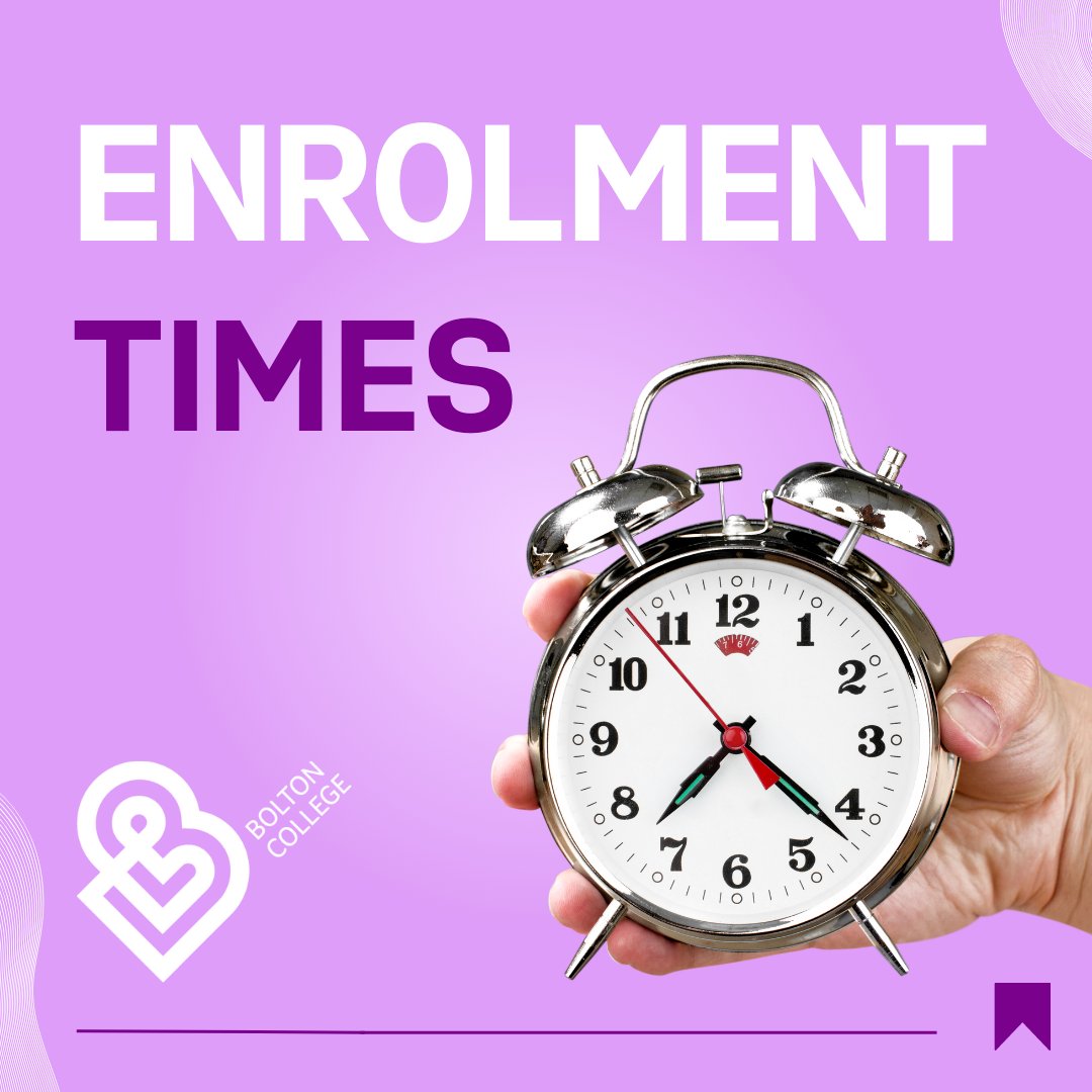 ⭐ #ENROLMENT TIMES ⭐ Young People - Enrol in person TODAY until 4pm. Next week, in-person enrolment is open: 👉Tuesday & Wednesday: 9am-7pm 👉Thursday & Friday: 9am-4pm Find us at: 📍Deane Road Campus, Deane Road, BL3 5BG Alternatively, enrol online at boltoncollege.ac.uk