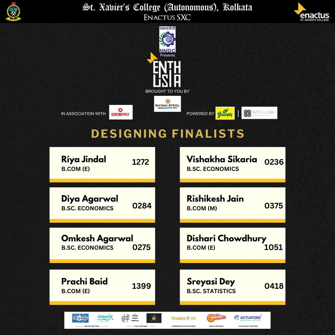 Enactus_sxc's tweet photo. Enactus SXC proudly presents the Enthusia'23 finalists. After days of unwavering effort, the finest eight teams for each event have been selected. 
 
Congratulations to the finalists!

Enactus SXC
Seeking Possibilities
Taking Action
Enabling Progress. https://t.co/SlV5GwBJwu