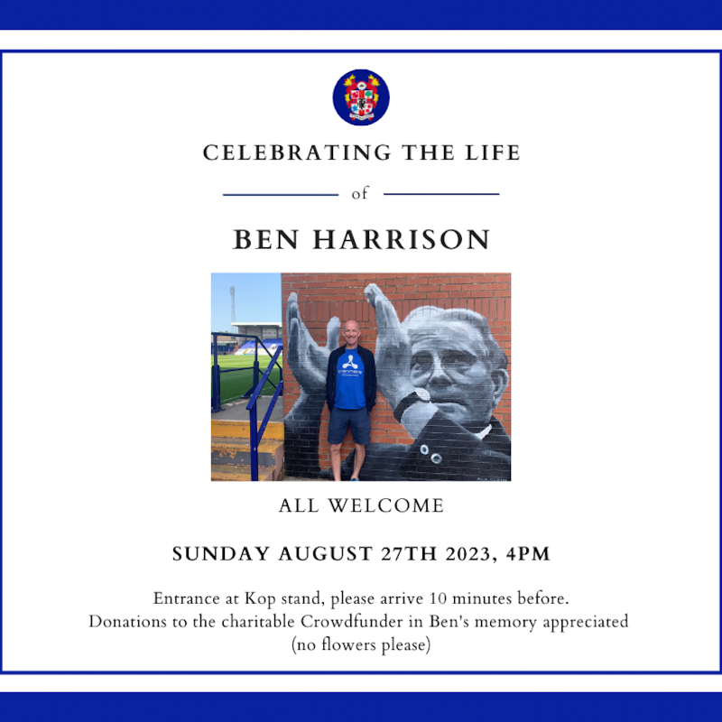 TranmereRovers's tweet photo. 🤍  Just a reminder that we’ll be celebrating the life of Ben Harrison at 4pm on Sunday at Prenton Park, with all welcome.

We kindly request all attendees to be seated by 3.50pm.

👇 You can donate to the Crowdfunder page in Ben's memory here.

#TRFC #SWA