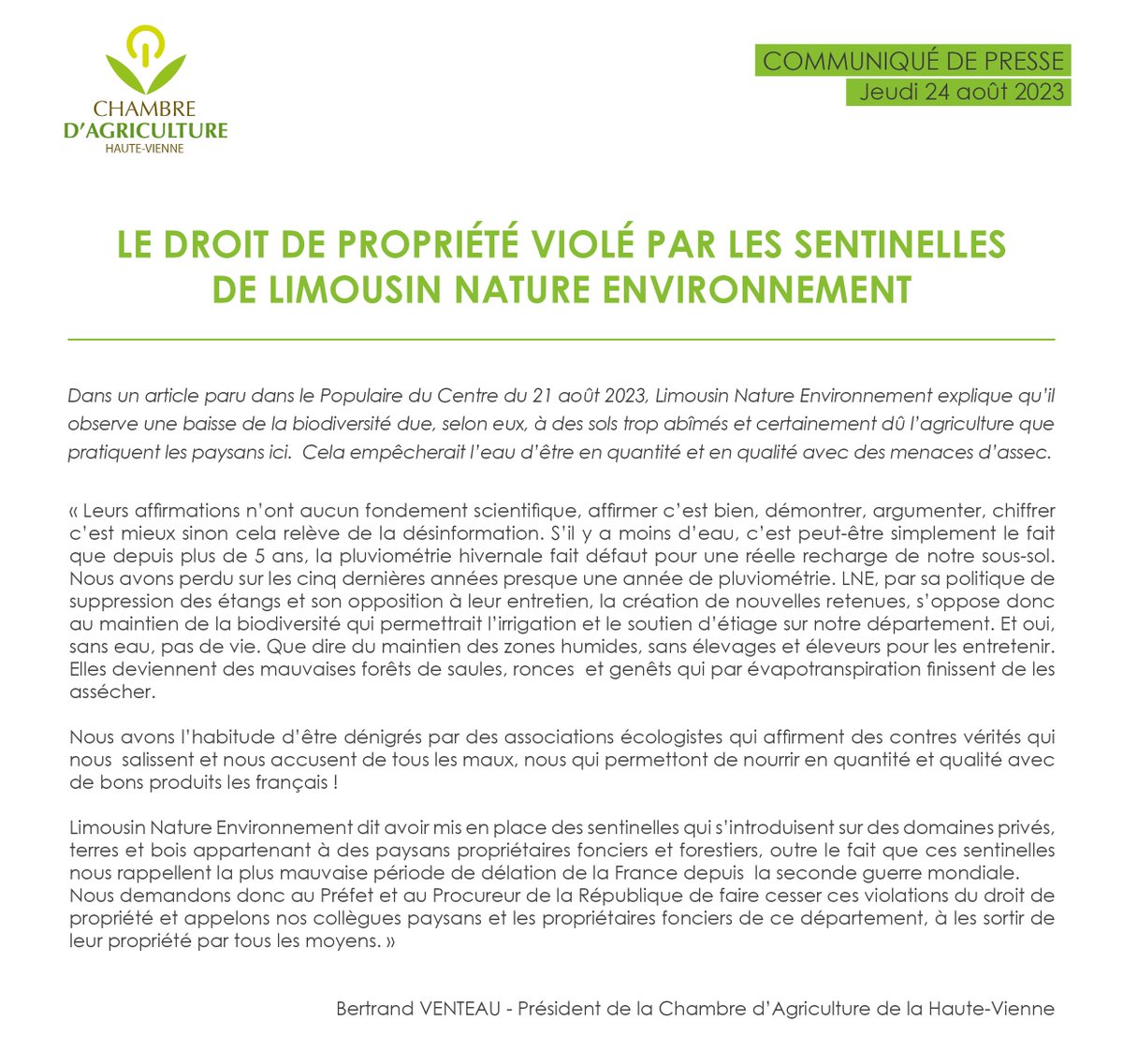 📢 Le respect du droit de propriété est un pilier de notre société. Les actions des Sentinelles de Limousin Nature Environnement suscitent des inquiétudes à cet égard. Protéger l'environnement est essentiel, mais pas au détriment des droits des propriétaires.