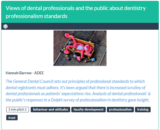 CUREMeDE's tweet photo. At 12.55 Hannah Barrow presents "Views of dental professionals and the public about dentistry professionalism standards. Are they similar to other professions?" https://t.co/rt2tWyvrjp #ADEE https://t.co/J1MXPSgKQQ