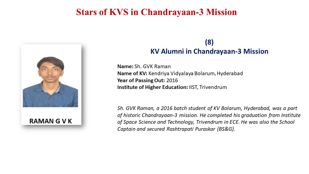 KVS_HQ's tweet photo. Stars of #KVS in #Chandrayaan3 Mission

KVS is proud of its illustrious Alumni who have been a part of @ISRO's historic Chandrayaan-3 Mission.

Jai Hind!

#Chandrayaan3Success #ProudKVians @EduMinOfIndia (2/2) https://t.co/RYgErKMDEO