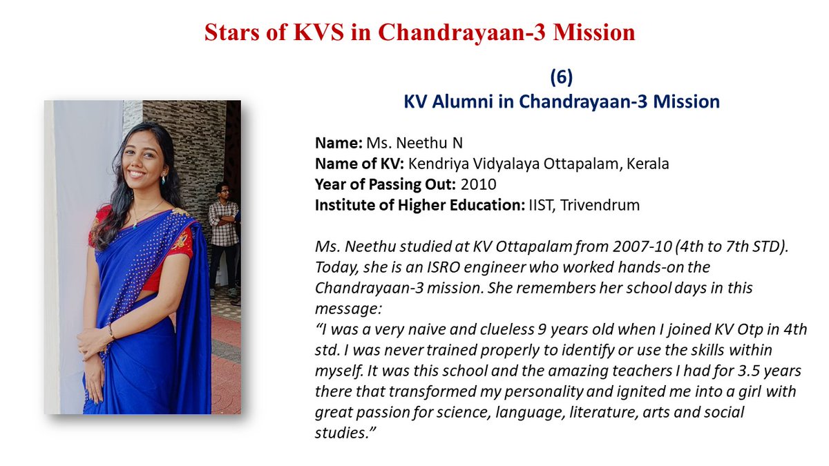 KVS_HQ's tweet photo. Stars of #KVS in #Chandrayaan3 Mission

KVS is proud of its illustrious Alumni who have been a part of @ISRO's historic Chandrayaan-3 Mission.

Jai Hind!

#Chandrayaan3Success #ProudKVians @EduMinOfIndia (2/2) https://t.co/RYgErKMDEO