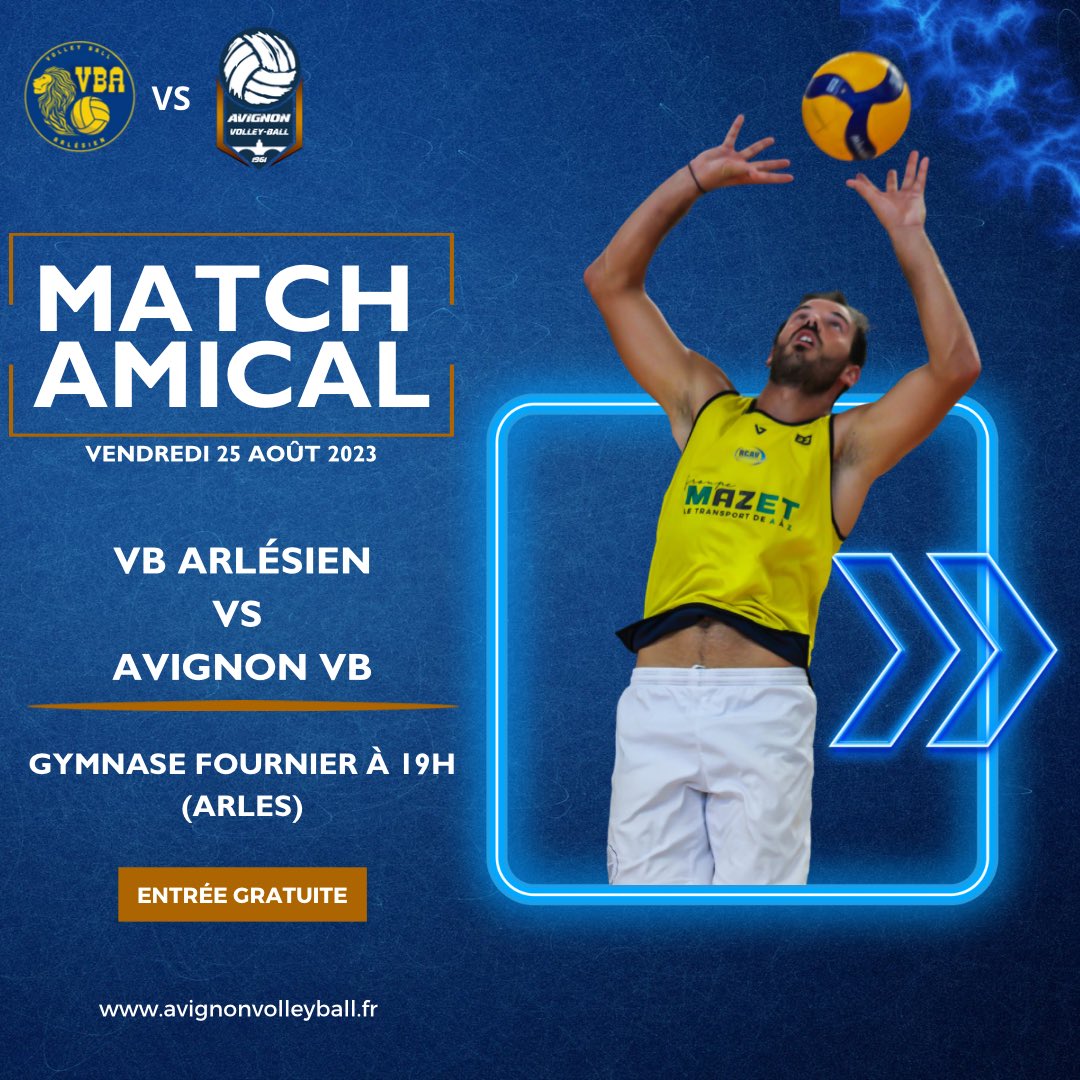 [ Pré-Saison] 

1er match amical qui se déroulera à Arles ce soir conte le VB Arlésien ⚡️ 

🎟️ Entrée Gratuite 
⌚️19h00
🏟️ Gymnase Fournier
⚔️ Match Amical

🔵⚪️ Ensemble avec l’Avignon Volley-Ball ! 

#volleyball #sport #match #volley #vaucluse #arles #avignon #ffvb