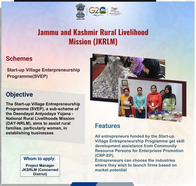 Start-up Village Entrepreneurship Programme (SVEP) is being run by #JammuAndKashmir Rural Livelihood Mission (JKRLM) with an objective to provide skill development assistance from Community Resource Persons for Enterprises Promotion.