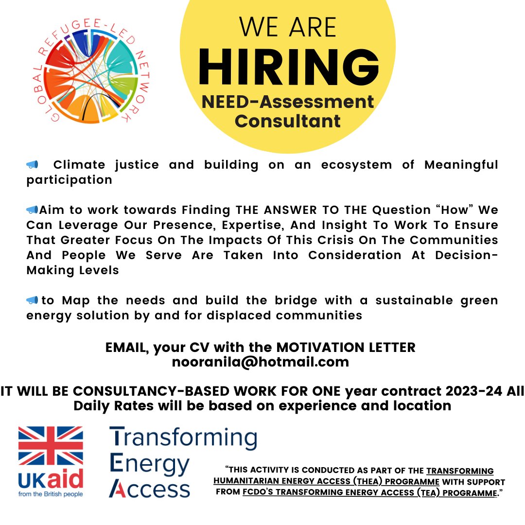 📢Job Opportunity:
@GrnRefugees
@TEAEnergyAccess
Interested in working in humanitarian situations and have knowledge of #SustainableEnergy in displacement settings? Remote;  Salary based on experience and location; WOMEN Highly encouraged to apply; English (Bengali desired)