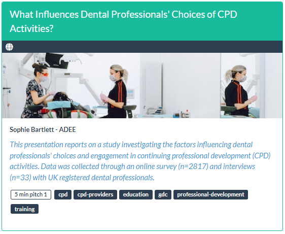 CUREMeDE's tweet photo. Join us this afternoon @ADEEorg where we have back-to-back poster sessions. At 12.45 join @SBartlett123 for "What Influences Dental Professionals' Choices of CPD Activities?" https://t.co/3BqXWcOXDK #ADEE https://t.co/tVSH03uui9