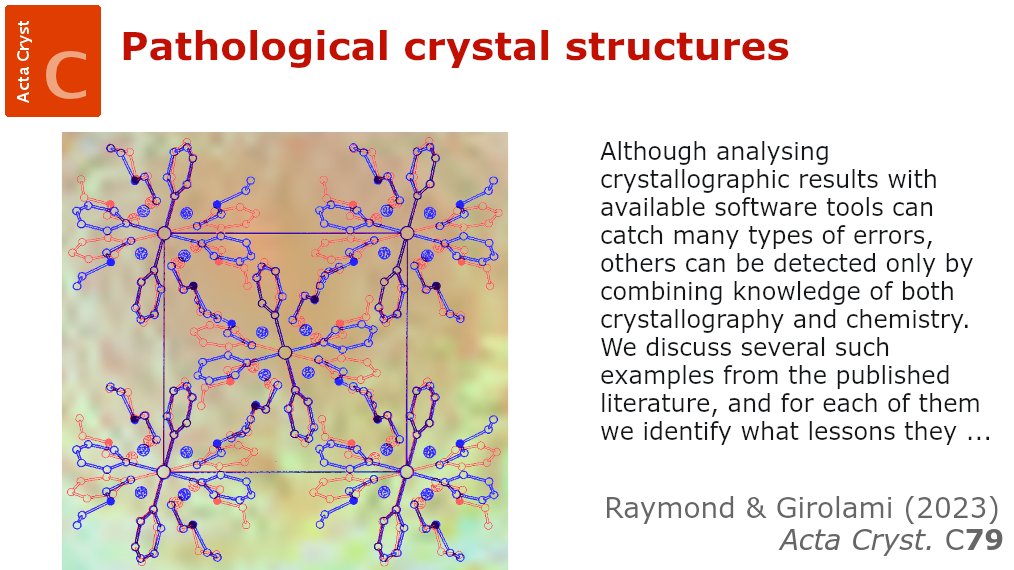 ActaCrystC's tweet photo. Pathological crystal structures @ActaCrystC @IUCr https://t.co/p3Y2PWJDCi @UCBerkeley @UCB_Chemistry @ChemistryUIUC #crystallographicerror #atommisassignment #incorrectmodel #disordered #incorrectspacegroup #incorrectcellsize #checkCIF #crystallography #openaccess https://t.co/coBpR9FRm6