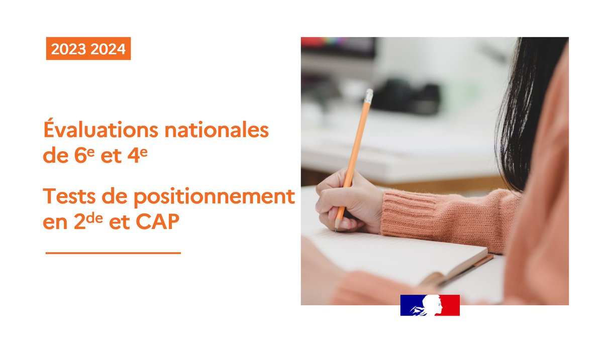 📈 Évaluations nationales de 6e et 4e et tests de positionnement de CAP et 2de à la #Rentrée2023

Les supports de présentation et la description des exercices et des compétences évaluées sont publiés sur éduscol ▶ swll.to/iVbFP2x

🗓 Passation du 11 au 29 septembre.