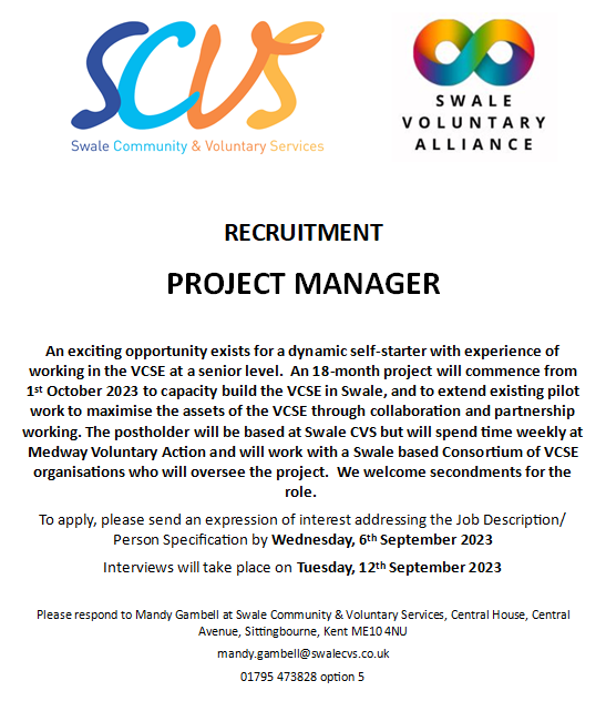 SwaleCVS's tweet photo. **JOB OPPORTUNITY**
Swale CVS and Swale Voluntary Alliance are recruiting a Project Manager.  For more details please see the advert below, together with the job description and person specification.  To apply, please send an expression of interest to mandy.gambell@swalecvs.co.uk https://t.co/oNqPkjtumU