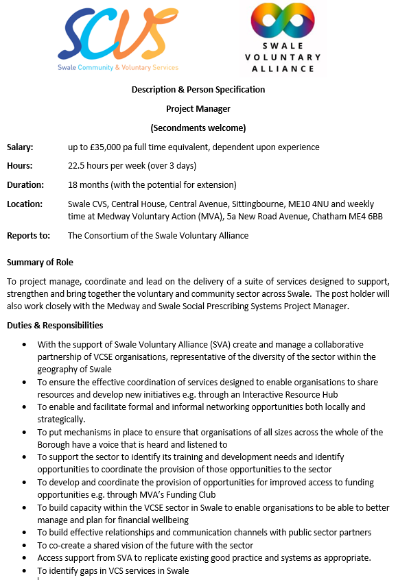 SwaleCVS's tweet photo. **JOB OPPORTUNITY**
Swale CVS and Swale Voluntary Alliance are recruiting a Project Manager.  For more details please see the advert below, together with the job description and person specification.  To apply, please send an expression of interest to mandy.gambell@swalecvs.co.uk https://t.co/oNqPkjtumU