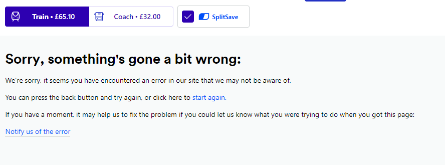 SebastianHymas's tweet photo. @thetrainline Is your website down?  I've tried for 2 days to book tickets and I'm getting this error? https://t.co/P4gbiCx9KV