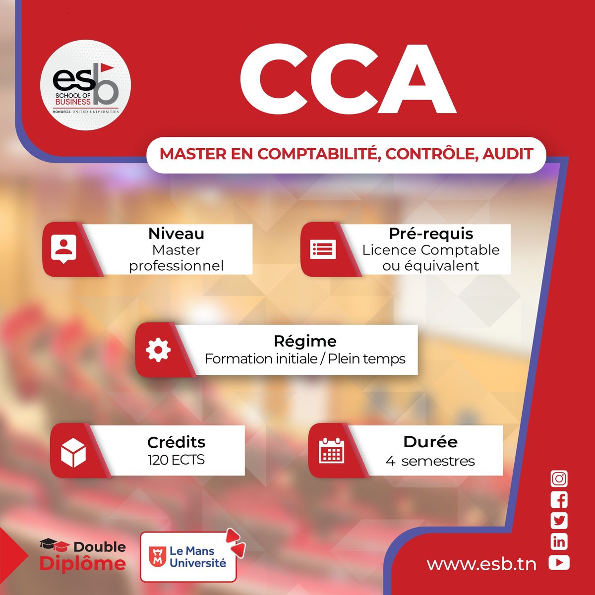 ESBEsprit's tweet photo. Formez vous autrement à ESB🚀

Notre Master Professionnel de Comptabilité, Contrôle, Audit - CCA : https://t.co/uMKoYsm1uW
Le concours d'admission 20232024 est ouvert https://t.co/daYoDcKGva

@HonorisUni 
#EducationForImpact https://t.co/4xa4qqO5bq