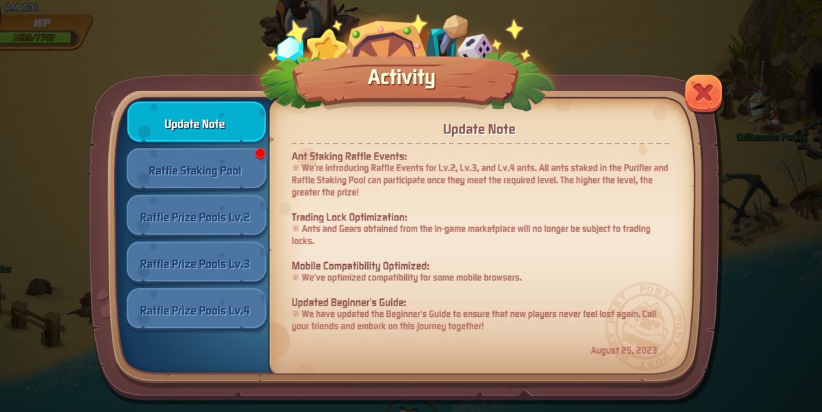 Ready for the weekly Update?🚀

Before we dive in👇
RT &amp; Like to join 1x Crazy Ants NFT Raffle🎉

🆙Update Note:
1⃣ Ant Staking Raffle Events Activated
2⃣ Trading Lock Removed
3⃣ Mobile Compatibility Optimized
4⃣ Beginner's Guide Updated

For more🧵

(1/6) 

#NFT #GameFi #Polygon