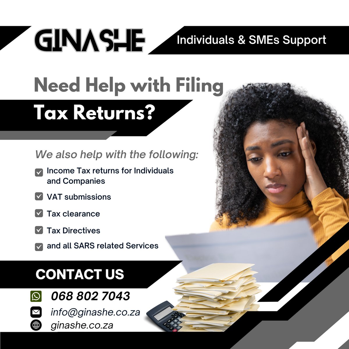 GinasheConsult's tweet photo. Dear South Africa!
Need help with TAX?
Contact us now on: 068 802 7043
Check out our website for more services:
https://t.co/Z9AIrGBzz4
#SARS
#filingtaxreturn
#Ginashe
#SouthAfrica
#SARS https://t.co/iccr11uqIk