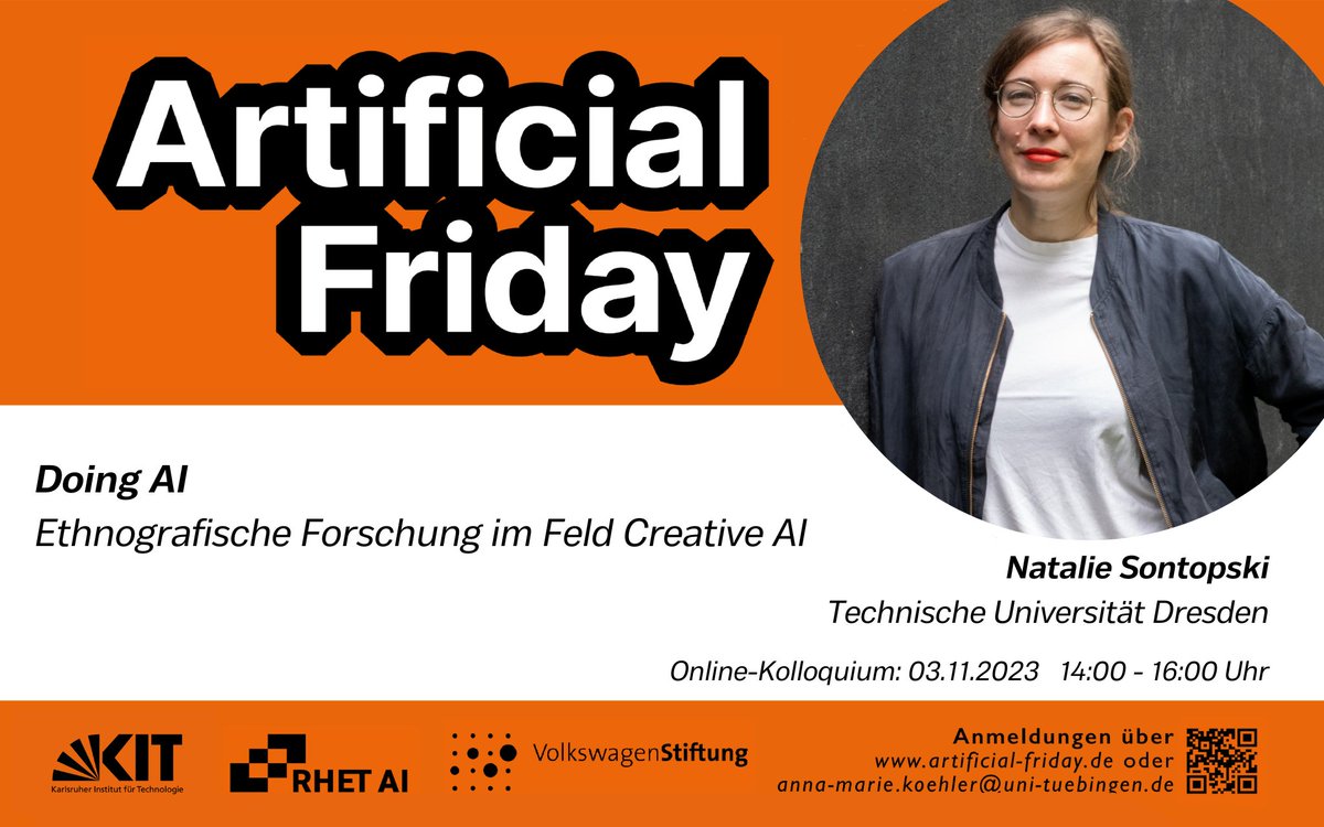 Trefft die Vortragenden des #ArtificialFriday im WS 23/24

Die zweite Vortragende für den 03.11.2023 ist Natalie Sontopski . Sie spricht über ihre Forschung im Feld #CreativeAI aus dem Blickwinkel der #Ethnografie
