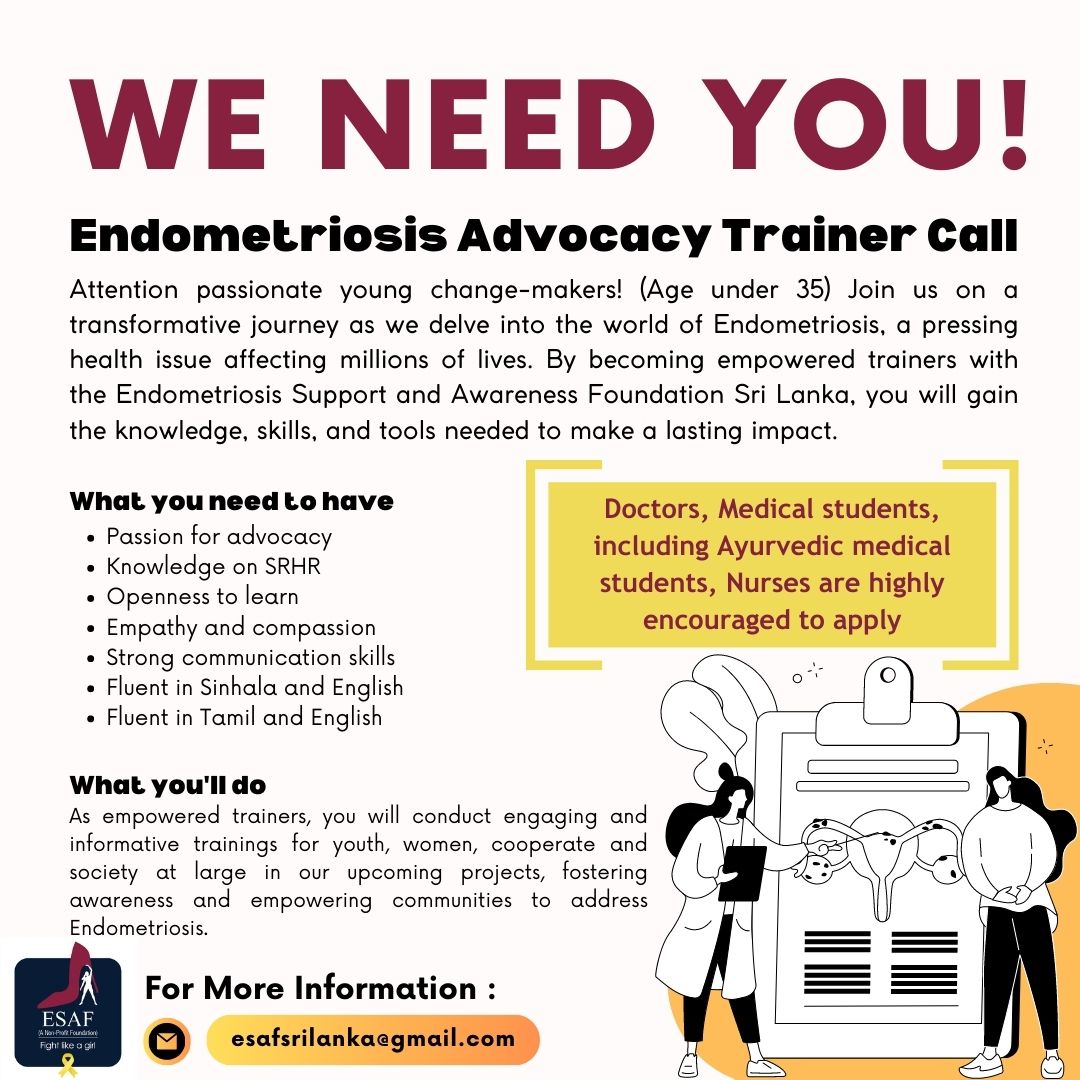 Endometriosis Advocacy Trainer Call
 👉 forms.gle/EZNKX6nUwLeFsV…

#esafsrilanka