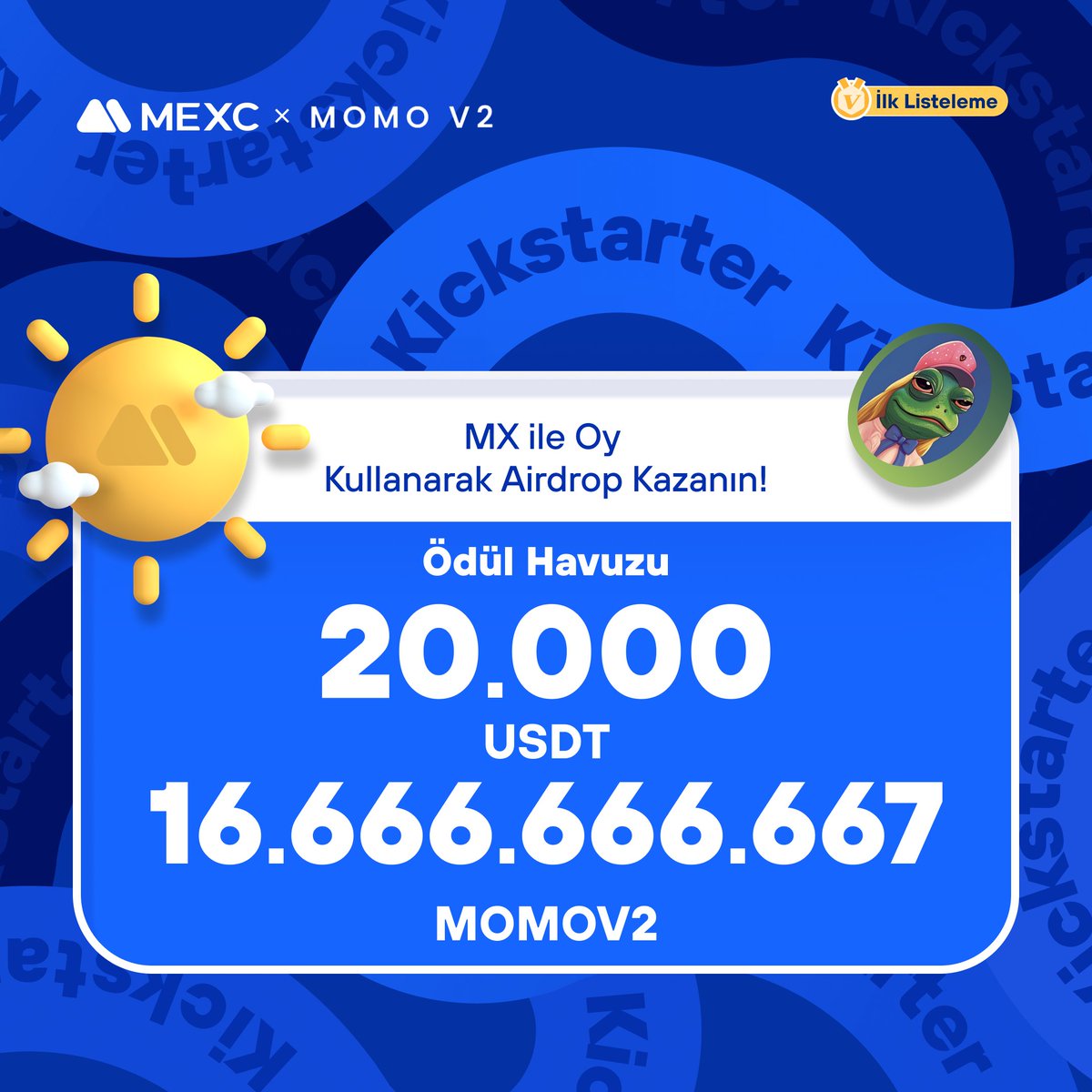 MEXC_Topluluk's tweet photo. 🚀 #MEXC Kickstarter - @momoerc #MOMOV2 Projesi için Oy Kullanın, 20.000 $USDT ve 16.666.666.667 #MOMOV2 Airdrop Kazanın! 

🗳️ Oylama Tarihi: 25 Ağustos 2023 12.00 - 26 Ağustos 2023 11.50

📌 Ayrıntılar: https://t.co/SFI5be0KIA

#MEXCTürkiye #MXToken #MX #BTC https://t.co/HZIxnNKfHN