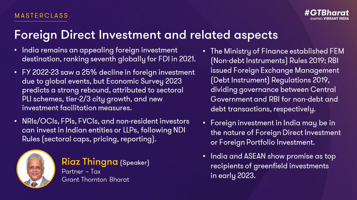 GrantThorntonIN's tweet photo. #EventUpdate | Riaz Thingna, Partner - Tax, shared insights on 'Foreign Direct Investments &amp; Related Aspects' at the FEMA &amp; Investment Regulation Masterclass organised by @EconomicTimes. Here are the session highlights. 
 
@ThingnaRiaz | #FEMA #InvestmentRegulation #workshop #FDI https://t.co/j4nPTaRVAX