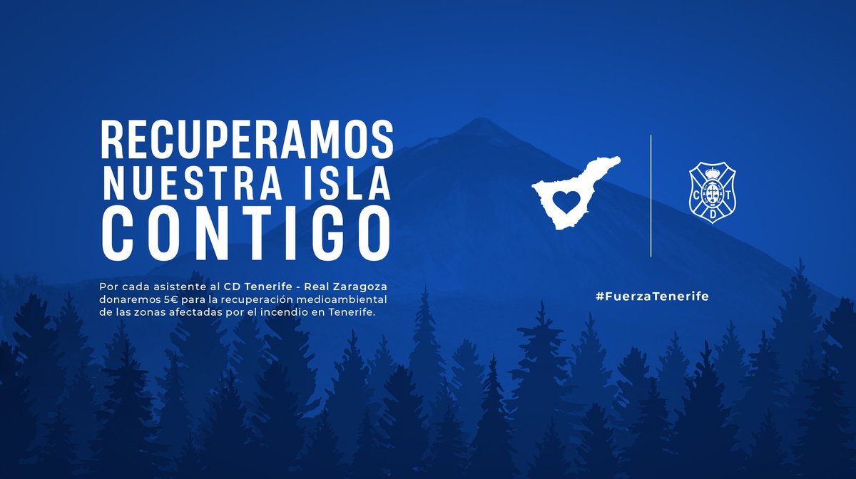 𝗥𝗲𝗰𝘂𝗽𝗲𝗿𝗮𝗺𝗼𝘀 𝗹𝗮 𝗜𝘀𝗹𝗮 𝗰𝗼𝗻𝘁𝗶𝗴𝗼

ℹ️ Por cada asistente al #TenerifeRealZaragoza, donaremos 5€ para la repoblación medioambiental de las zonas afectadas por el #IFTenerife.

𝗙𝗶𝗹𝗮 𝟬 (Bizum): 03896

#FUERZATENERIFE <a href="/CDTFundacion/">Fundación Canaria CD Tenerife 🏴󠁧󠁢󠁳󠁣󠁴󠁿</a>