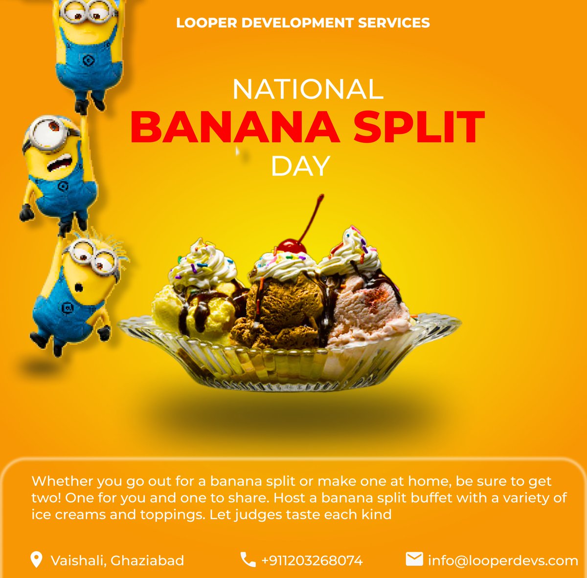 Looperdevs0's tweet photo. National Banana Split Day | Looper Development Services
#bananasplit #icecream #banana #bananapudding #dessert #whippedcream #chocolate #bananas #explorepage #milkshake #carnivalfood #toppings #modesto #tracy #centralvalley #happynewyear #caramelapplejackcake #looperdevs https://t.co/3v5oFlnxwN