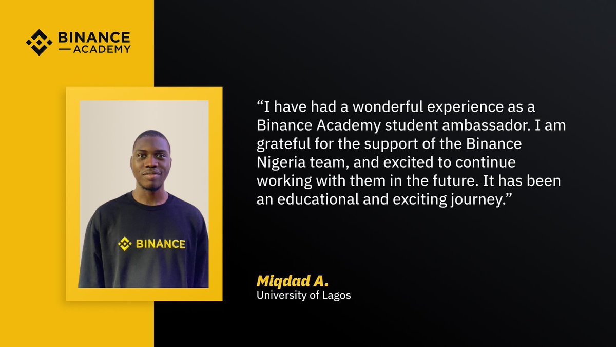 BinanceAcademy's tweet photo. Big shoutout to Miqdad for shedding light on his journey as a member of the #Binance Academy Student Ambassador program! 🙌

Keen on deepening your insights into the Crypto/Web3 sphere? Dive into our entry-level and mid-level courses now.
👉 https://t.co/q2dyLgtSSl https://t.co/VD85Q4KiO4