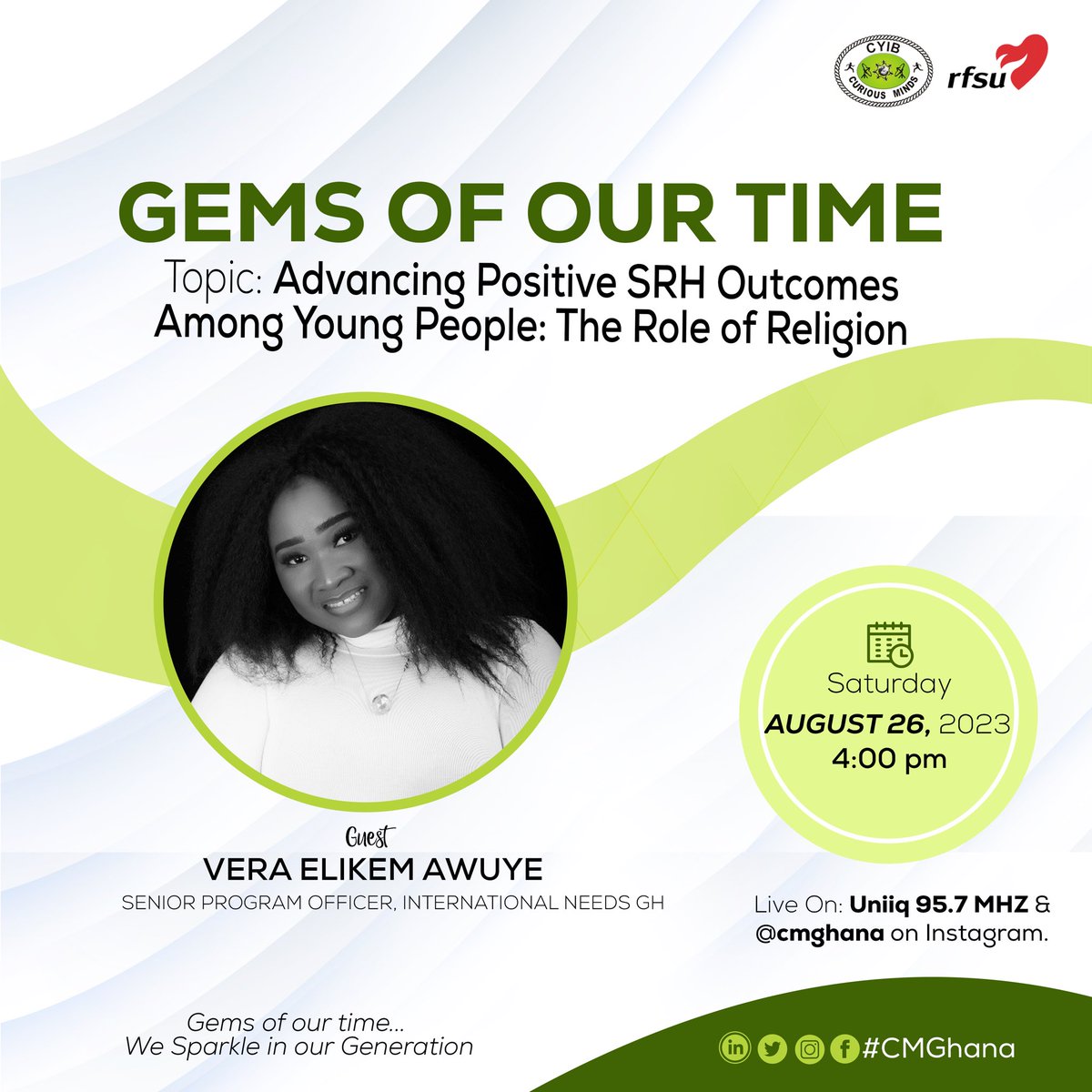 Faith and religion play a remarkable role in molding individuals' lives. It impacts our career choices, dietary preferences, educational pursuits, &amp; even significant health-related decisions.

Join us tomorrow let’s delve into this with <a href="/ElikemVera/">Elikem Vera Awuye</a>.

#CMGhana #GemsOfOurTime #SRHR