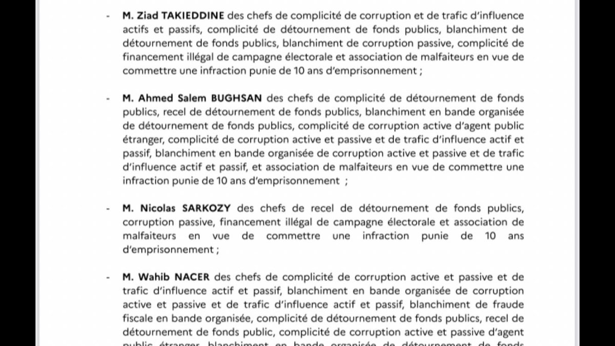 Nicolas Sarkozy est renvoyé devant le tribunal correctionnel dans l’affaire libyenne, aux côtés des douze autres mis en examen, parmi lesquels Claude Guéant, Brice Hortefeux, Éric Woerth, Alexandre Djouhri et Ziad Takieddine (annonce du PNF)