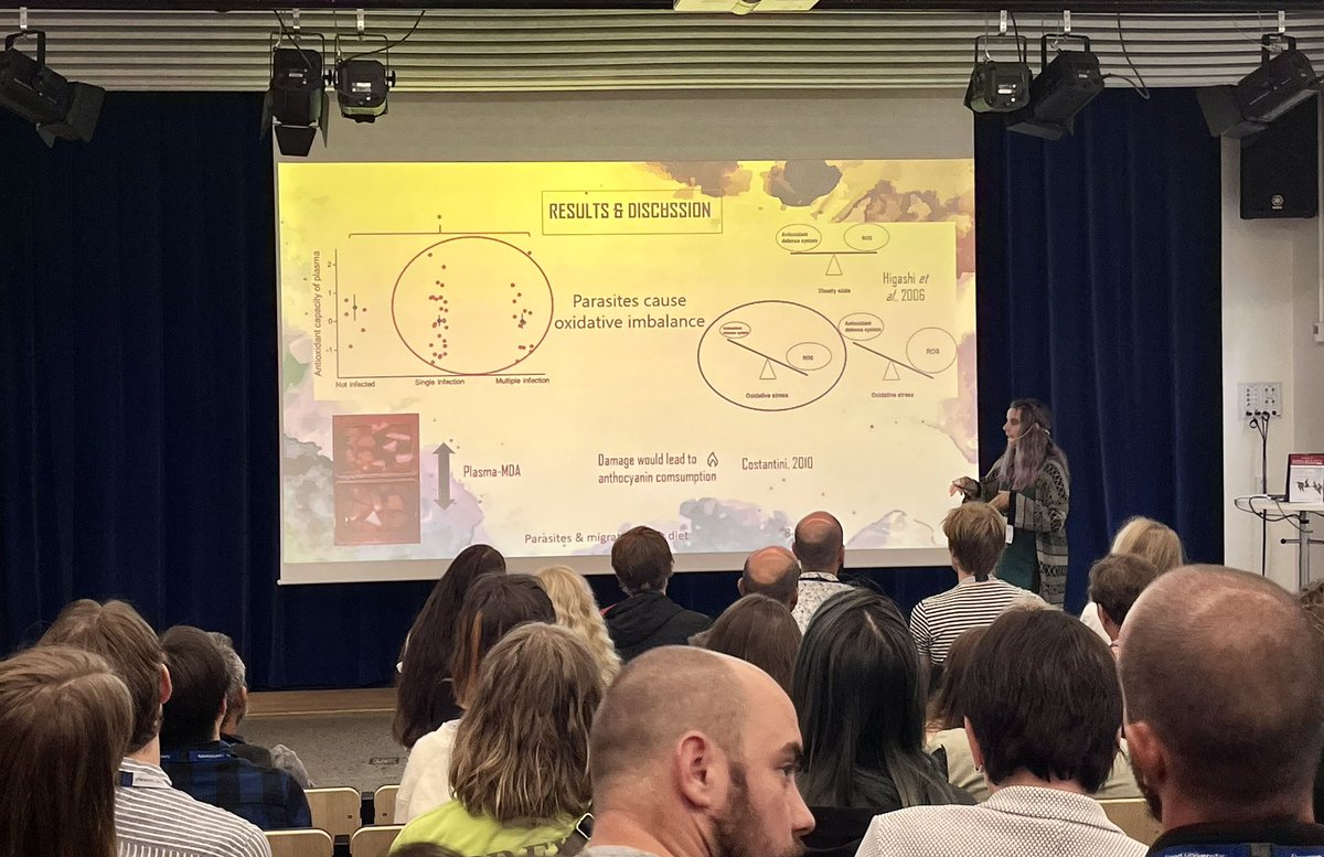 Thanks to @LuciaJG95 for her nice talk about “Do blackcaps self-medicate to reduce oxidative stress associated with flight effort and parasites?”. Really interesting results showed at the #EOU2023 👏