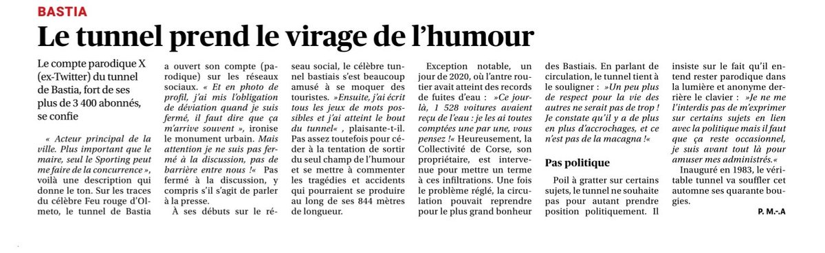 Tunnel De Bastia (@tunnelbastia) on Twitter photo Article du jour dans <a href="/Corse_Matin/">Corse-Matin</a>
Merci <a href="/MonestieAPaula/">Paula Monestié--Andreani</a> pour cette entrevue qui conforte l'importance de mes actions pour bloquer la ville et rendre le sejour des touristes horrible.
Cœur sur vous tous 💙 Article du jour dans <a href="/Corse_Matin/">Corse-Matin</a>
Merci <a href="/MonestieAPaula/">Paula Monestié--Andreani</a> pour cette entrevue qui conforte l'importance de mes actions pour bloquer la ville et rendre le sejour des touristes horrible.
Cœur sur vous tous 💙