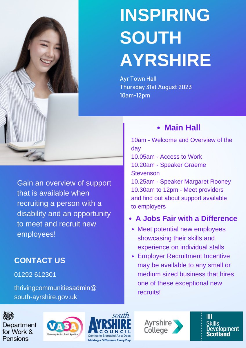 ✨We are hosting our Inspiring South Ayrshire Event

📅Thursday 31st August 2023
⏲️10am – 12pm
📍   Town Hall, Ayr

If you are a local business and would like to attend please contact 
thrivingcommunitiesadmin@south-ayrshire.gov.uk 
01292 612301 
 
#ThrivingCommunities