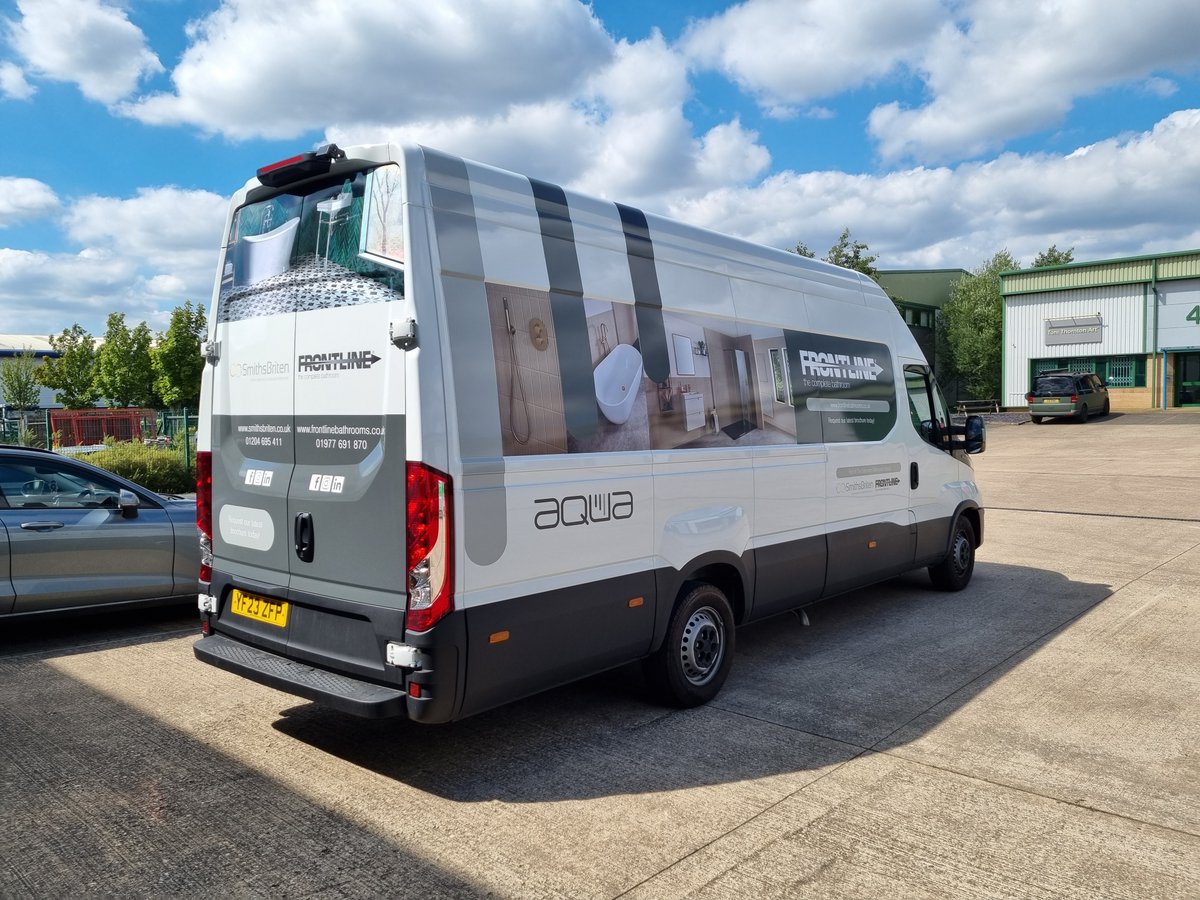 ExpressSignsLtd's tweet photo. We recently completed a fleet of 6 new extra long extra high Iveco vans for @FrontlineBath to their new design. The perfect combination of greys and photos applied to make an eye-catching mobile advertisement. More of these to come in September! #vehiclegraphics https://t.co/HBCwudgdgn