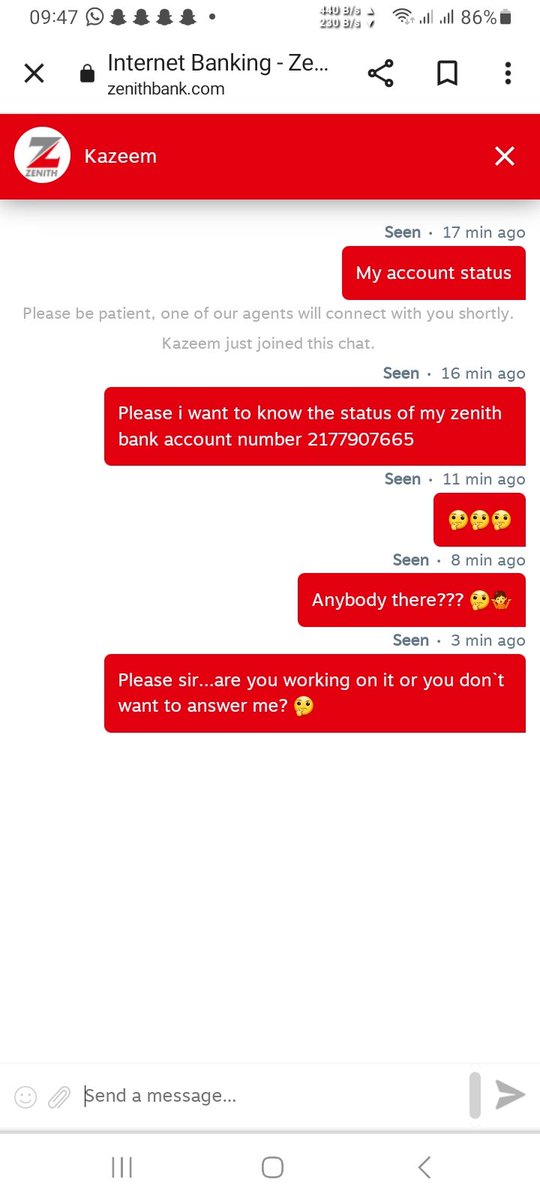 adewaleisafiade's tweet photo. @ZenithBank i am very much disappointed with your customer service...i chatted up an agent online named KAZEEM...only for him not to reply my enquiries...this is bad https://t.co/BMHtQEQO3N