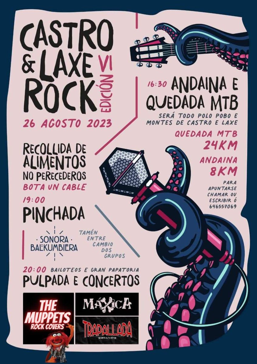 TrapalladaEoe's tweet photo. 🎫 Cartel modificado e horarios de mañá no #CastroELaxeRock!
🌳 16h30: Andaina e Quedada Mtb
🔊 19h (e entre grupos): #SonoraBalkumbiera
🐙 Cea e concertos:
• 20h #Maxica
• 22h15 @MuppetsCovers
• 24h @TrapalladaEoe
➕ Recollida de alimentos para xente de Culleredo💜 https://t.co/3Yoi6k8Vss