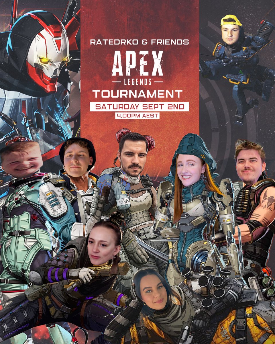 We're back with another RatedRKO &amp; Friends Apex Tournament! 🏆

- Solo entry with random teams (all skill levels welcome)
- 6 games on Sydney servers
- New MVP voting system
- Casted LIVE by <a href="/ItsCallius/">ItsCallius</a> 

Spots are limited - sign up to play in Discord! discord.gg/33CprzrQxd