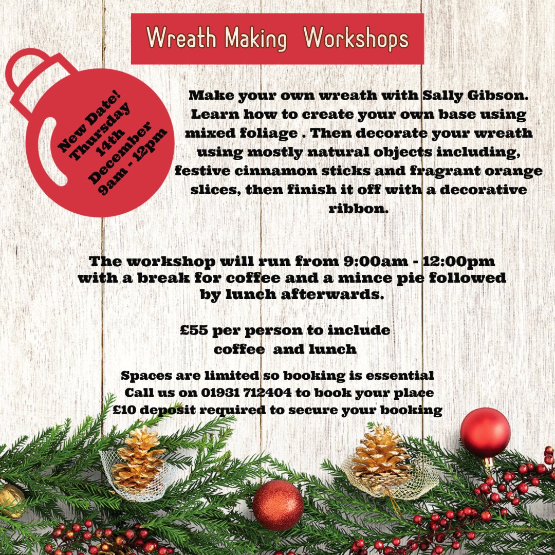 𝐖𝐫𝐞𝐚𝐭𝐡 𝐌𝐚𝐤𝐢𝐧𝐠 𝐖𝐨𝐫𝐤𝐬𝐡𝐨𝐩 𝐓𝐡𝐮𝐫𝐬𝐝𝐚𝐲 𝟏𝟒𝐭𝐡 𝐃𝐞𝐜𝐞𝐦𝐛𝐞𝐫
We have just a few spaces left,  so give us a call on 01931 712404 to book your place and avoid disappointment.
#wreathmaking #wreathmakingworkshop   #christmaswreath #christmaswreathmaking