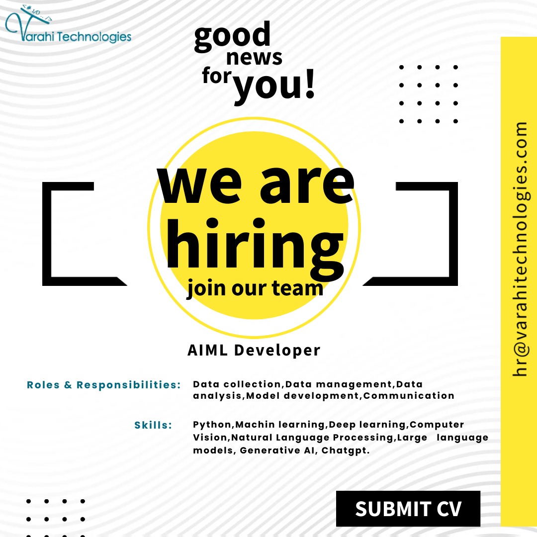 TechVarahi's tweet image. Seeking a superstar AIML pro! 💫 Join our all-star team at Varahi Technology if you want to develop winning strategies and partnerships. Fast-paced environment perfect for ambitious rockstars! 🚀