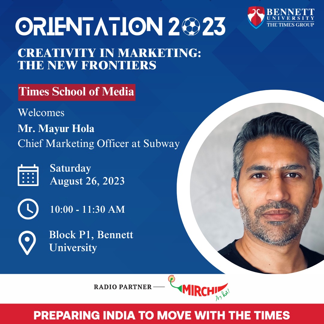 Join us in welcoming the incredible Mr. Mayur Hola, Chief Marketing Officer at Subway to the Times School of Media! 🌟 Get ready to dive into a world of media magic as he shares his insights and experiences. 📸
 
#TimesSchoolOfMedia #MediaMagic #Orientation2023 #BennettUniversity