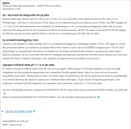 varmdoinvest's tweet photo. #Kebni kanske lite lägre försäljning av vad jag hade räknat med men de följer sin plan och har startat upp den nya produktionsanläggningen. De har fyllt på på i kassan (sista NE?) och kan nu jobba på att öka produktion och försäljning i H2. Spännande att följa utv. under hösten. https://t.co/sOgtD7iPAO