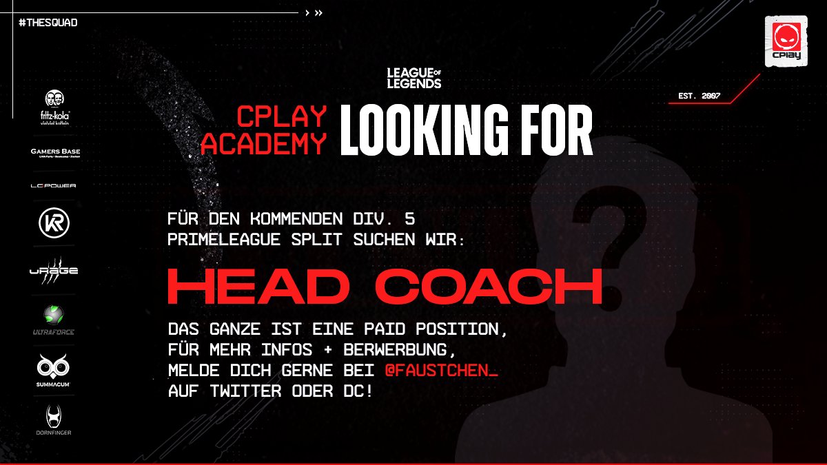 CPLAYgg's tweet photo. LF paid Head Coach PL Div. 5 (Ger or Eng speaking) @lft_prm

(English version in comments)
Wir suchen einen Head Coach (paid position 💸)  für unser vielversprechendes PL Div. 5 Academy Roster 👨‍🏫
Zu dir:
- du hast genug Zeit (2x prac 1x Spiel /woche)
- (Erfahrung optional)

1/2 https://t.co/52lDW331Rq